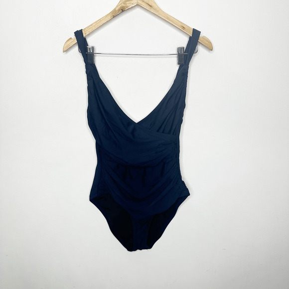 J. CREW Ruched Wrap One Piece Swimsuit Navy blue B6817 womens size 6 - Picture 2 of 8